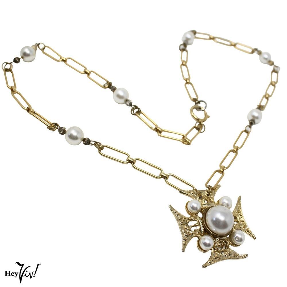 Vintage 70s Faux Pearl Maltese Cross Necklace 34" Chain Bold Statement - Hey Viv
